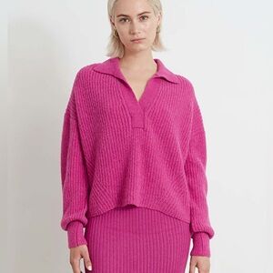 Eleven Six Collared V-Neck Alpaca Sweater in Magenta